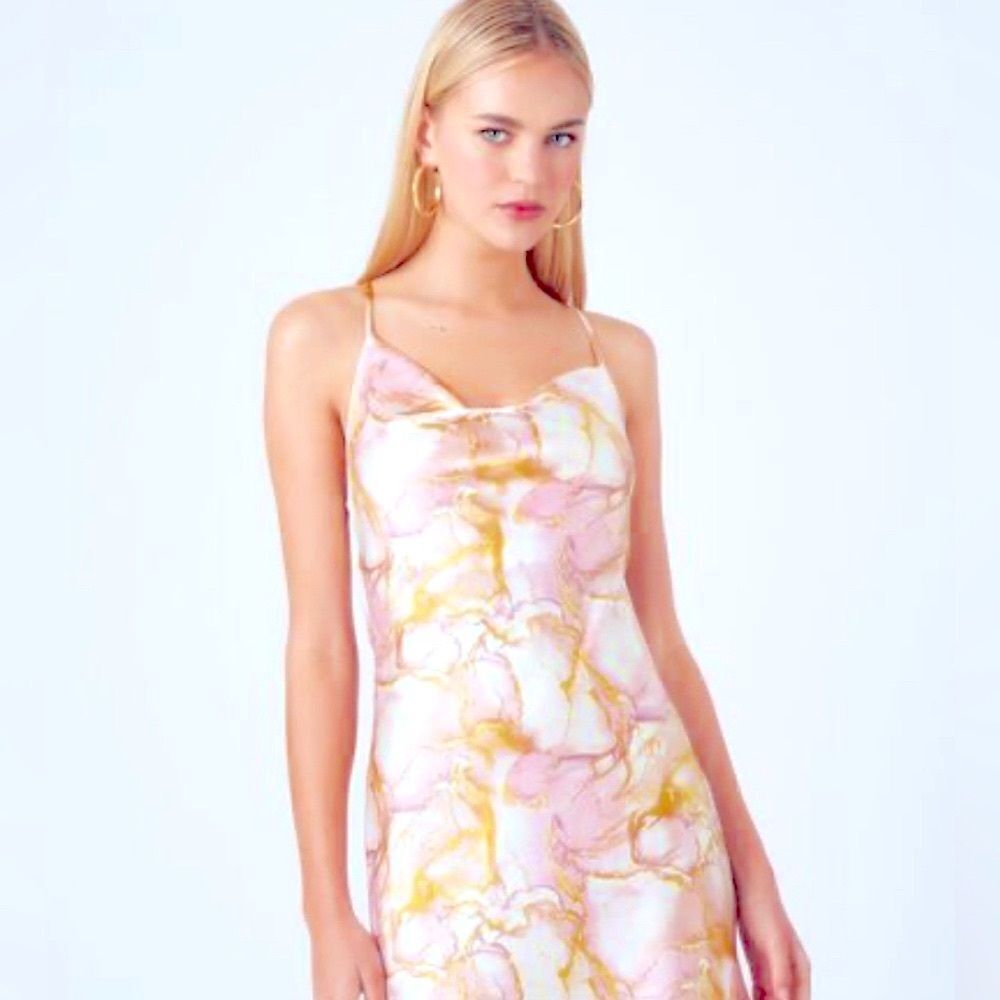 Forever 21 Slip Dress Marble Romantic Maxi Cowl Pink & Gold Strappy L